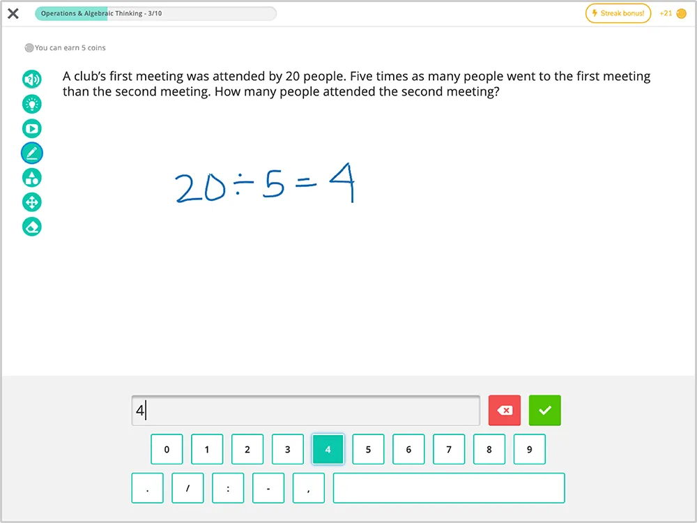 Freckle software showing a math problem and solution